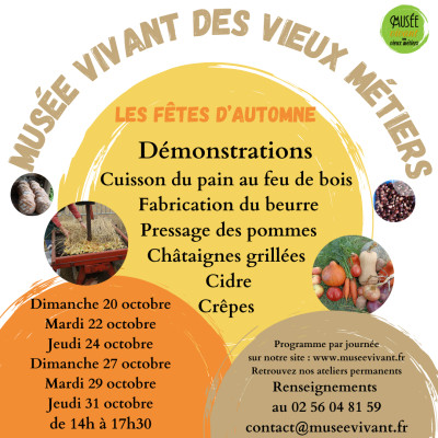 Les Fêtes d'Automne mettent à  l'honneur les produits de saison la pomme avec le pressage afin de montrer la fabrication du jus de pomme et du cidre.
Réalisation de recettes à  base de pommes et de légumes, châtaignes grillées, cuisson du pain au feu de bois, barattage du beurre (voir programme par journée).
