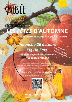 Venez célébrer l'automne avec nous. Le mardi 21, jeudi 23, dimanche 26, mardi 28 et jeudi 30 octobre. Le dimanche 26 octobre, un marché de produits artisanaux, et Kig Ha Farz au menu. 